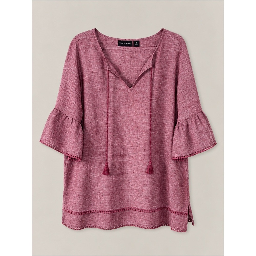 Tahari 100% Linen Blouse Top Tunic 1X Euro Summer Coastal Ruffle Feminine Boho